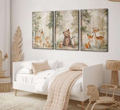 MIZILI 3Pcs Woodland Animal Nursery Canvas wall art Wild Animals Forest Paintings Pictures Wall Decor Fox Bear Deer Watercolor Poster Printing Artwork for Boys Room Girls Room Home Decoration - Image 6