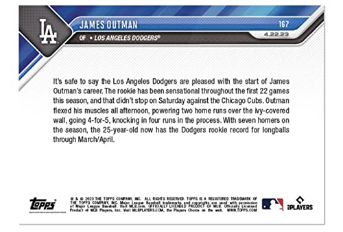 2023 Topps Now James Outman #167 -Rc Sets Dodgers Rookie Hr Mark For March/April- 4/22/23 - Baseball Trading Card- Los Angeles Dodgers. Topps Stated Print Run Of Only 2867 Made! Card Shipped In Protective Screwdown Holder. #TOP1
