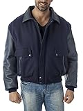 Bomber varsity jacket with top grain leather sleeves and collar Top-grain leather sleeves, collar, pocket trim Inside pocket, quilted lining Union Made in USA