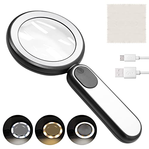 Vickey Lupe mit Licht, 21 LED Große Leselupe für Senioren mit 3 Beleuchtungsmodi, 20 Fach USB Wiederaufladbar Handlupe, Handheld Vergrößerungsglas Hohe Klarheit für Juwelier Handwerk, Bücher (Schwarz) Cover