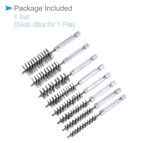 Image of Bore Brushes Set, 8mm 9mm 10mm 11mm 13mm 15mm 17mm 19mm Dia, Stainless Steel Twisted Cleaning Wire Brushes with 1 /4 Inch Hex Shank - (Applications: for Power Drill), 8-Pieces