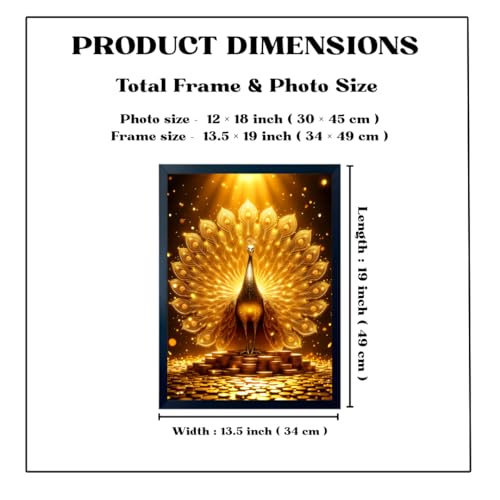 Image of ARTFUL TOY BOX - Golden Peacock Photo Frame Wall Art for Home Decor | Prosperity, Beauty & Positive Energy Vastu Wall Decor for Living Room & Office | HD Glossy Print | Premium Fiber Black Frame - 12x18 Inch (30x45 cm) (Design 8)