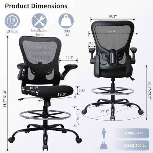 Image of Drafting Chair, Ergonomic Tall Office Chair for Standing Desk, Counter Height Desk Chair with Adjustable Padded Armrests and Footrest Ring Standing Desk Chair Adjustable Height with Lumbar Support