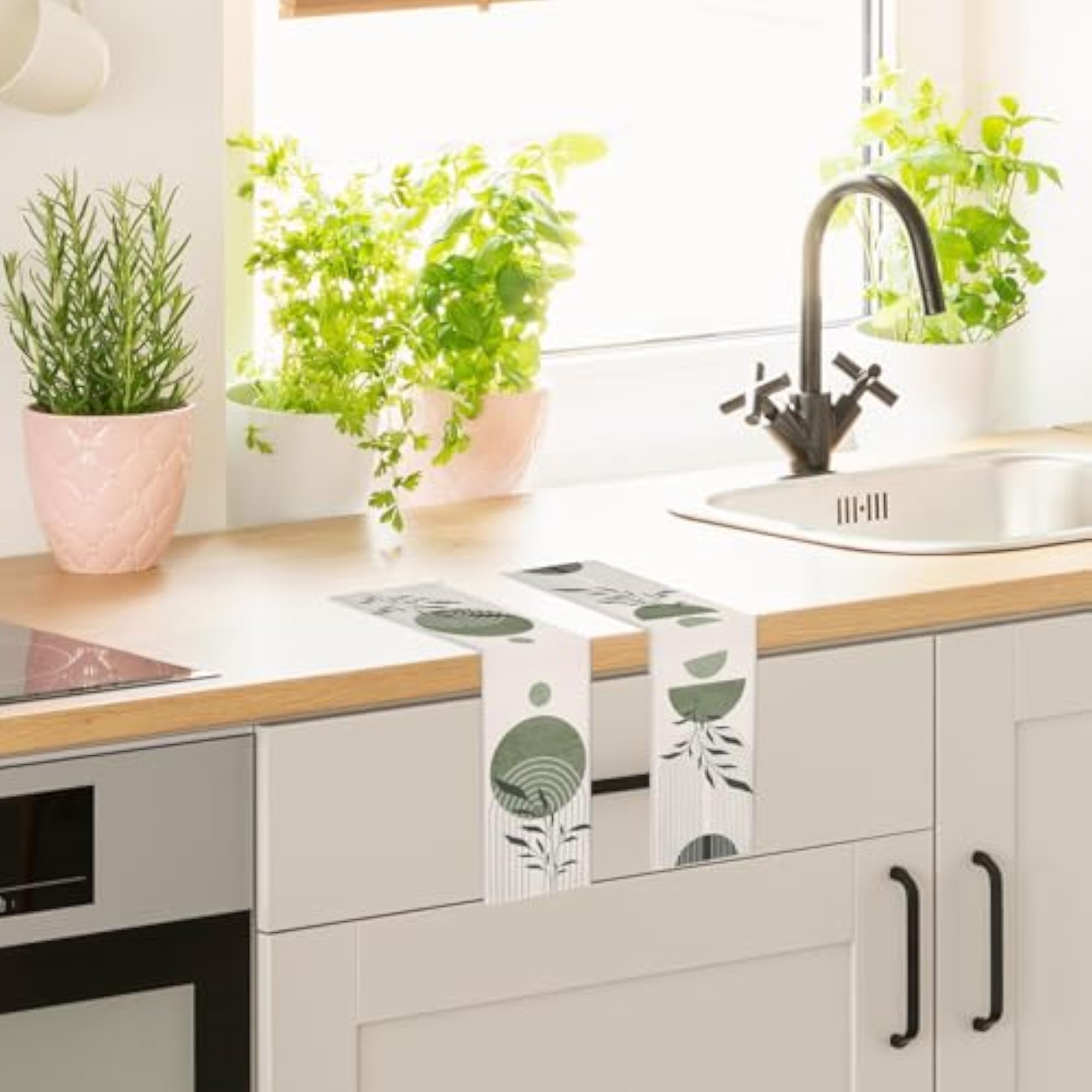 Boho Sage Green Kitchen Towels, Mid Century Modern Decor