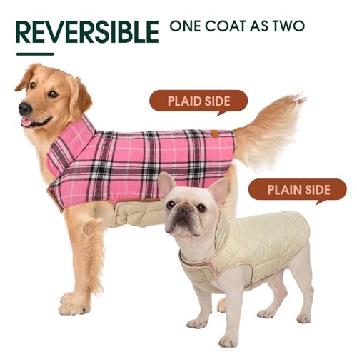 Image of Kuoser Waterproof Dog Coat, Warm Reversible Dog Jacket with Leash Hole | Soft Cozy Dog Cold Weather Coats for Rainy Snow Days, Lightweight Jacket for Meduim Dogs, Xmas Dogs Snowsuit Pink L