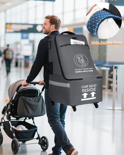 Image of MCBD Car Seat Travel Bag for Airplane, Foldable Baby Carseat Backpack for Travel Padded Carseat Carrier for Airport Gate Check, Infant Stroller Cover with Reflective Strips