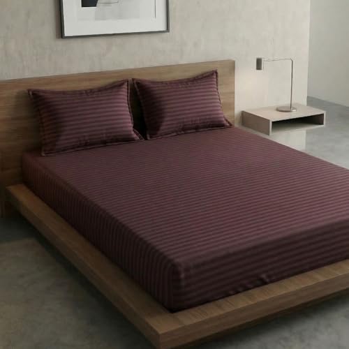 Home Sizzler Microfibre Brown Satin Stripe Elasticated Fitted Double Bedsheet (72x78 Inches) with 2 Pillow Covers