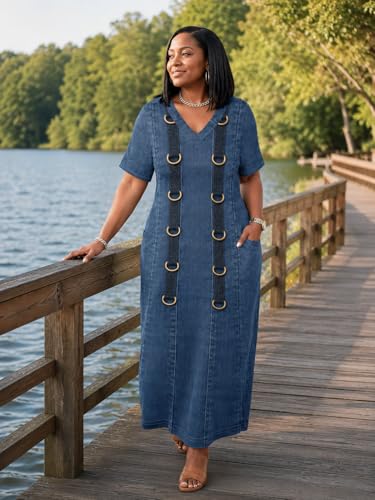 Image of SUZONANA Plus Size Denim Print Maxi Dresses for Women Casual V Neck Short Sleeve with Pockets Soft Jean Look Dress XL-6XL