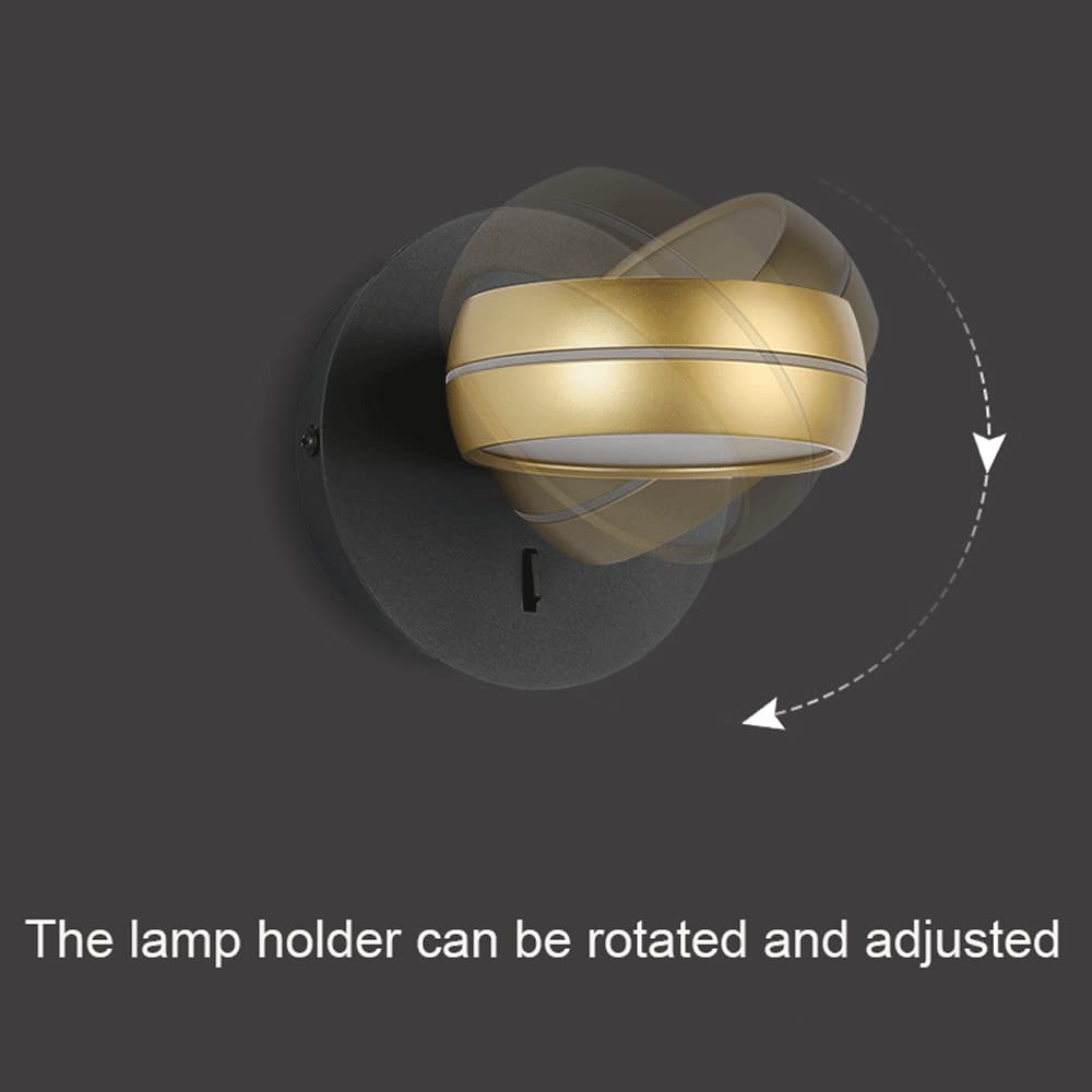 Lampa ścienna do pomieszczeń, obrotowa o 350°, z przełącznikiem, 6 W, LED, do salonu, sypialni, korytarza, schodów, czarno-złota.