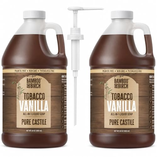 Image of BAMBOO AND BIRCH Pure Castile Soap Liquid, Certified Palm Oil Free Natural Soap, Tobacco Vanilla, 1 Gallon