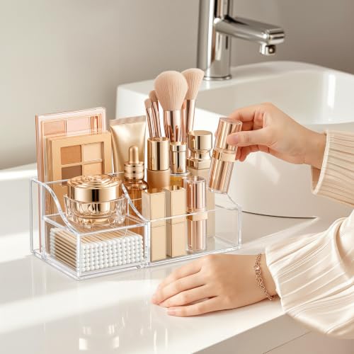 HBlife Makeup Organizer with Drawer – Cosmetic Storage for Vanity, Bathroom Countertop & Dresser, Skincare Organizer with Brush Holder, Beauty Display Case, Clear - Image 5