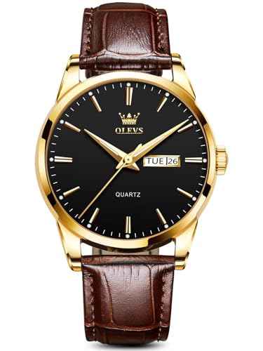 Image of OLEVS Brown Mens Leather Watch Dress Casual Day Date Quartz Wrist Watch