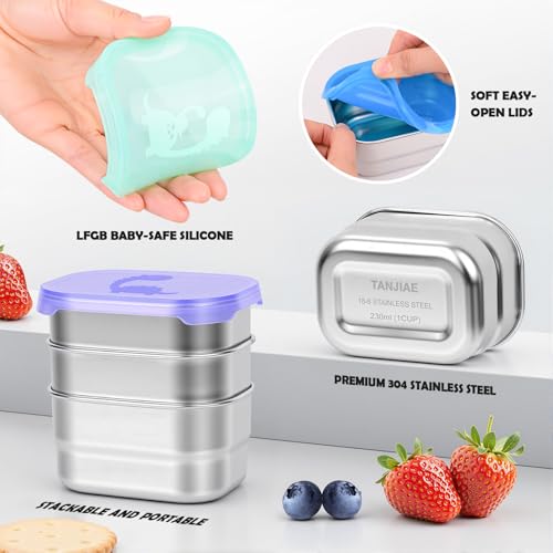 Image of Tanjiae 4x8oz Small Stainless Steel Snack Containers for Kids & Toddlers - 230mL Leakproof Food Containers with Cute Dino Lids | LFGB Certified, Stackable Metal Snack Box for Daycare, School, Travel