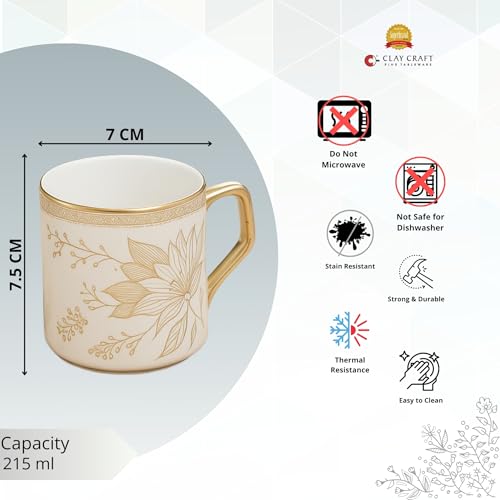 Image of Clay Craft Fine Ceramic Golden Floral Printed Coffee /Tea Cups /Mugs - Set of 6-200 ml Each, Tea Cup Set of 6, Mugs for Coffee, Cups Set of 6, Mug Set, Ideal for Gifting, Perfect for Home and Office