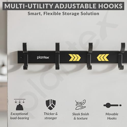 Image of Plantex Aluminum Hook Rail with Movable Hooks for Wall /5 Hooks Hook Rail for Bathroom /Kitchen /Bath Towel Hook /Wall Hooks for Hanging - Pack of 1 (Black)
