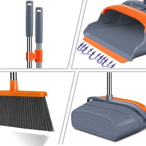 Image of Upgrade Broom and Dustpan Set, Self-Cleaning with Dustpan Teeth, Indoor&Outdoor Sweeping, Ideal for Dog Cat Pets Home Use, Stand Up Broom and Dustpan