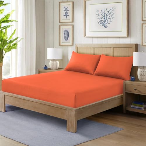 ROOEE Fitted Sheets: Deep Fitted Sheet Cover with Elastic Edges. Anti-Wrinkle Plain Bedding 10”/25 cm Size, Poly Cotton, Single,Double,King, Super King Bed Sheets (Color Orange Size Double)
