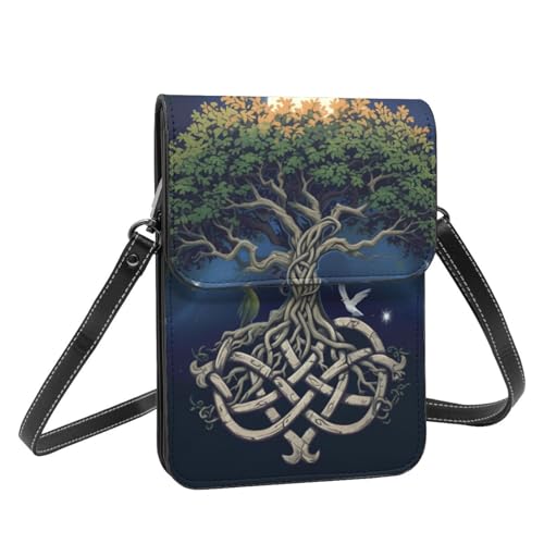 Tree of life celtic moon spiritual design crossbody cell phone purse for womens lightweight small soft leather fashion travel wallet with adjustable strap