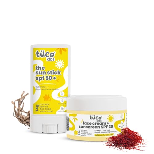 Image of Tuco Kids Sunscreen Stick SPF 50 (14gm) & Sunscreen Cream SPF 30 (50gm) | Combo Pack of 2 | Safe for Kids and Baby | UVA /UVB PA++++ | Broad Spectrum | Benzophenone- 3 and Avobenzone Free | Ages 2-5, 5-10, 10-15 | 64 gm |