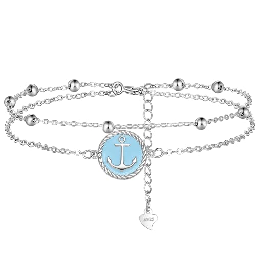Lydreewam Anker Fußkettchen 925 Sterling Silber für Damen Blau Emaille Doppel Fußkette mit Kugeln Sommer Strand Fusskette, verstellbare 22+4cm
