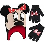 Disney Winter Hat, Kids Toddlers Mittens,Minnie Mouse Baby Beanie for Boy Girl Ages 2-4, Red/Black-Glove Set, Age 4-7