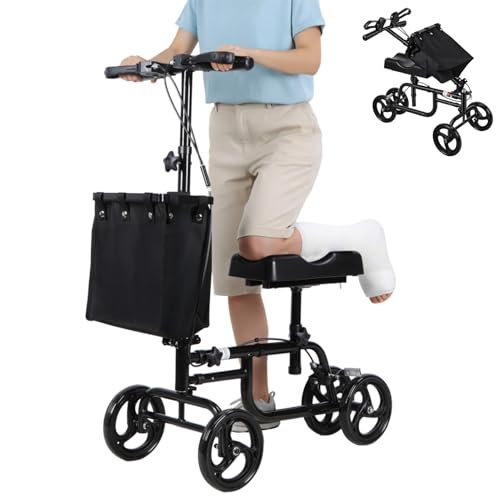 Awjaisca BlessReach Premium Knee Scooter - High Carbon Steel Knee-Scooter with Shock Absorption & Removable Bag, Adjustable Foldable Knee Scooters for Foot/Ankle Surgery Recovery Black