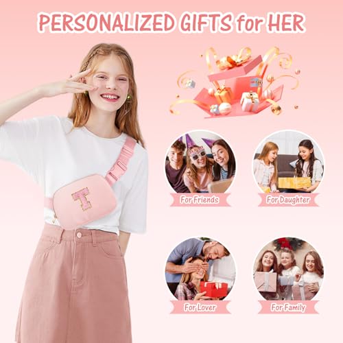 Image of Gitus Gifts for 10 11 12 13 14 15 16 Year Old Girls Christmas Gifts for Teen Girls Sister Her Women Fanny Pack with Initial Letter Patch Belt Bag Crossbody Bag Tween Girls Trendy Stuff (Light Pink-T)