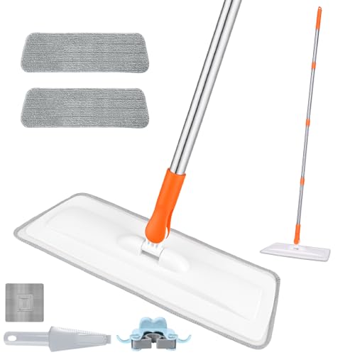 wlich Microfiber Flat Mop, 55" Extendable, 2 Washable Pads, White & Orange