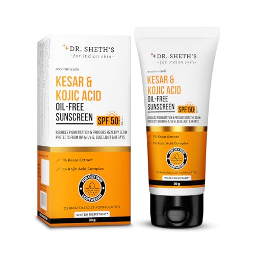 Image of Dr. Sheth's Kesar & Kojic Acid Oil-Free Sunscreen SPF 50+ Pa++++ |In-Vivo Tested | For Pigmentation-Free Skin | Lightweight & Non Greasy | For UVA /UVB & Blue Light & IR Protection | No White Cast | For Oily Skin | For Men & Women | 30 g