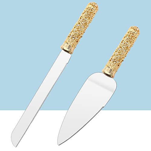 Jozen Gift Gold Cake Knife And Server Set - 2 Piece Dessert Set Metal Handle With Crystal Stones Decoration For Wedding, Anniversary Party Birthday Banquets And Gifts For Bride And Groom #TOP25