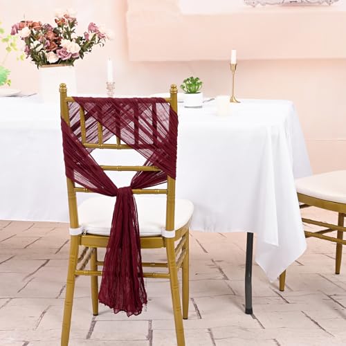 REWOMC 50 PCS Cheesecloth Chair Sashes, 15.7x70 inch Bows Designed Chair Sashes, Chair Cover Chair Sashes Decorations, Universal Chair Decoration for Wedding Reception Banquet Party (Burgundy) - Thumbnail 4