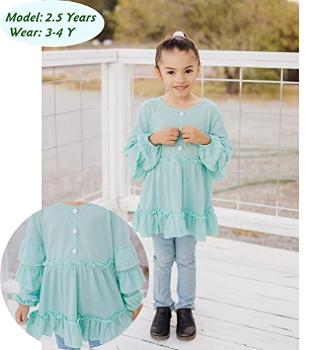 Lionjie Girls Ruffle Long Sleeve Blouse Round Neck Button Down Shirt Cute Casual Loose Soft Tunic Tops Green #TOP4