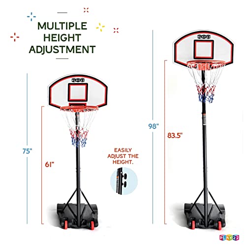Image of Play22 Kids Adjustable Basketball Hoop Height 5 - 7 FT - Portable Basketball Hoop for Kids Teenagers Youth and Adults With Stand & Backboard Wheels Fillable Base - Basketball Goals Indoor Outdoor Play