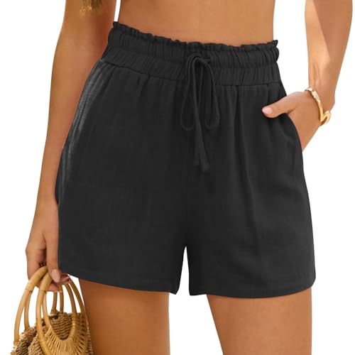 zffriction Damen Shorts Sommer Kurze Hose Leinen Bermuda Musselin Shorts mit Kordelzug und Taschen Casual Sommerhose für Strand & Alltag(DE/NL/SE/PL, Alphanumerisch, S, Regular, Regular, Schwarz)