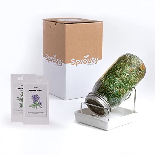 SPROUTY | Juego de tarros de brotes Incl. 2 Semillas de brotes | 1 Tarro de brotes + 1 Bol de cerámica + 2 Semillas de brotes | Juego de Cultivo de brotes | Sostenible y sin plástico Cover