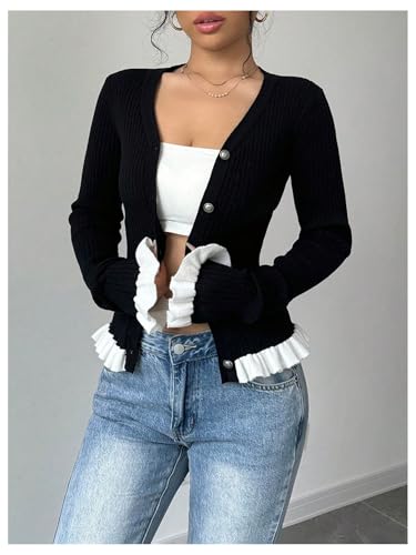 MakeMeChic Women's Button Down Cardigan Sweaters V Neck Blouse Lace Long Sleeve Knitted Sweater4