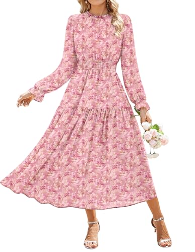 GRACE KARIN Women's Fall Wedding Guest Dresses 2026 Floral Long Sleeve Chiffon Maxi Dress Flowy Boho Dress with Pockets Pink and Yellow White Floral M