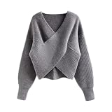Suéter Corto con Cuello en V y Hombros Descubiertos para Mujer, Jersey Cruzado de Punto Acanalado de Manga Larga, Conjuntos otoño Modernos, Gris, Talla Extragrande