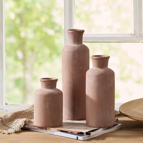 Siducal Ceramic Rustic Farmhouse Vase Set Of 3, Whitewashed Terracotta Vase, Pottery Vase,Clay Decorative Vases For Home Decor thumb #2