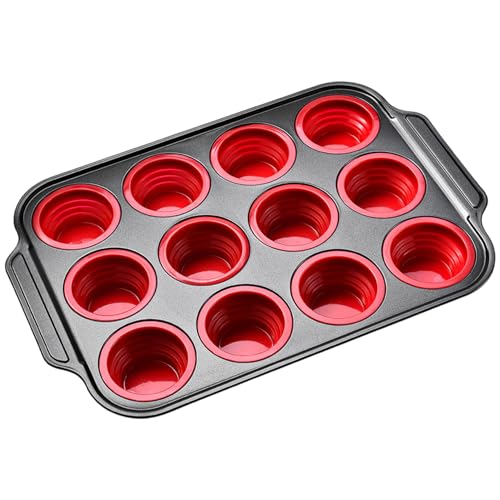 Yaoliucp Muffinpfanne 12 Kompartiment Silikon & Edelstahl-Muffin-Dose mit Griffe nicht hitzebeständige Cupcake-Pfanne für heimische Dose