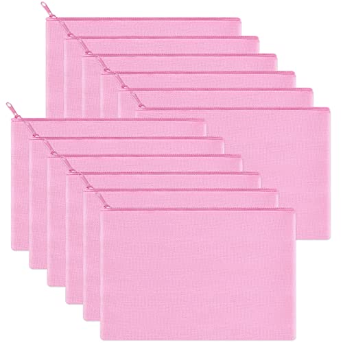 Image of 12 Pieces Cotton Canvas Makeup Bag, Multipurpose Cosmetic Bag with Zipper Travel Toiletry Pouch, Blank DIY Craft Bag (Pink, M)