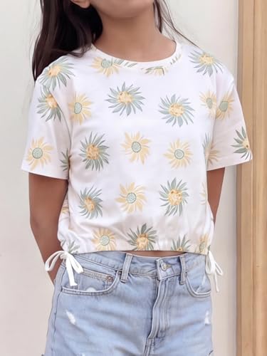 Image of Li'l Tomatoes Girls 100% Cotton Printed Top | Half Sleeve Casual Summer Top for Girls | Soft & Breathable Everyday Wear | Floral Sunflower Print | 9-16 Years