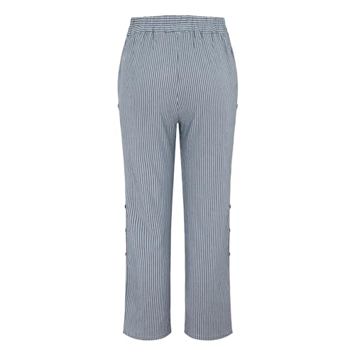 Women's Casual Pants Striped Side Button Elastic Waist Trendy Pants Straight Leg Baggy Trousers with Pocket3