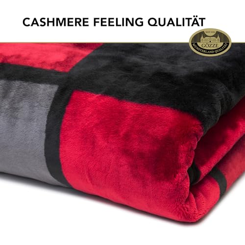 Gözze - Weiche Kuscheldecke, Cashmere Feeling, Hohes Stoffgewicht 500 g/m², Antigua, 150 x 200 cm - Rot/Bordeaux/Schwarz/Weiß