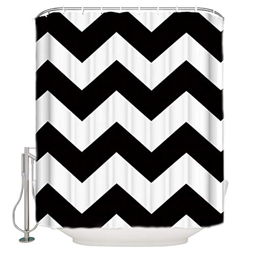 Home Collection Dh 60X72 Inch Long Shower Curtain Set,Black And White Chevron Zigzag Wave Pattern,Fabric Shower Curtain Set With Hooks For Bathroom #TOP5