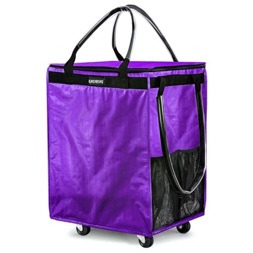 (Medium,Violet) Reusable Grocery Bag on Wheels, 70L Foldable Rolling Tote, Extra Storage for Shopping, Zipper Clouser Shopping Carts for Groceries, Laundry, Camping, Moving, 4 Heavy Duty Wheels by EROBSKJ - Used condition - US$60.99