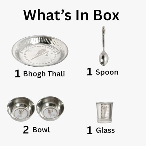 Image of Mor Pankh & Bansuri Stainless Steel Pooja Thali Set with Katori, Glass & Chamach | Food-Grade Aarti /Bhog Thali | Rust-Resistant, Easy-Clean | for Daily Pooja & Festivals