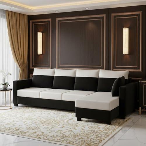 Image of FURNY Arissa 5 Seater Fabric RHS L Shape Sofa Set with Extra Cushions (Light Grey-Black) Premium Velvet Finish | Ideal of Living Room