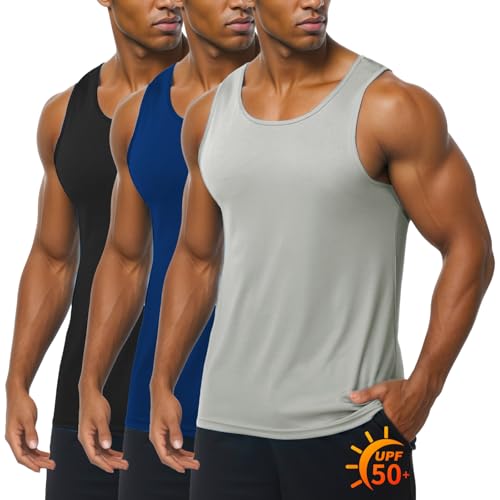 ZITY Men's 3 Pack Tank Tops UPF 50+ Fast Dry Sleeveless Shirt Breathable Lightweight Workout Gym Muscle Fitness T Shirts Light Grey/Navy Blue/Black XX-Large