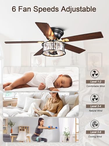 Image of 52 Inch Flush Mount Chandelier Ceiling Fan with Lights Rustic Ceiling Fan Low Profile Farmhouse Fandelier Chandelier Light for Bedroom Living Room, 3 E26 Bulbs (1)